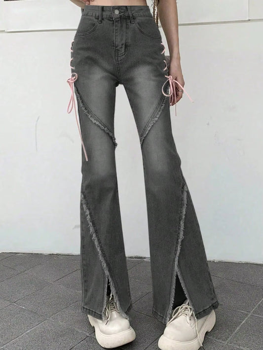Y2K Low-Rise Tie-Side Flare Jeans – Raw Hem & Split Front PT10