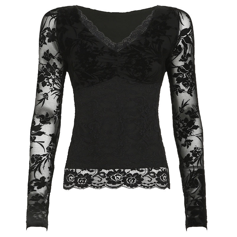 European Station Pure Desire Hot Girl Lace Patchwork V-Neck Top