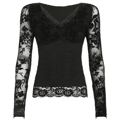 European Station Pure Desire Hot Girl Lace Patchwork V-Neck Top