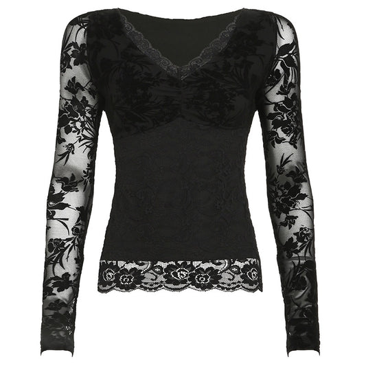 European Station Pure Desire Hot Girl Lace Patchwork V-Neck Top