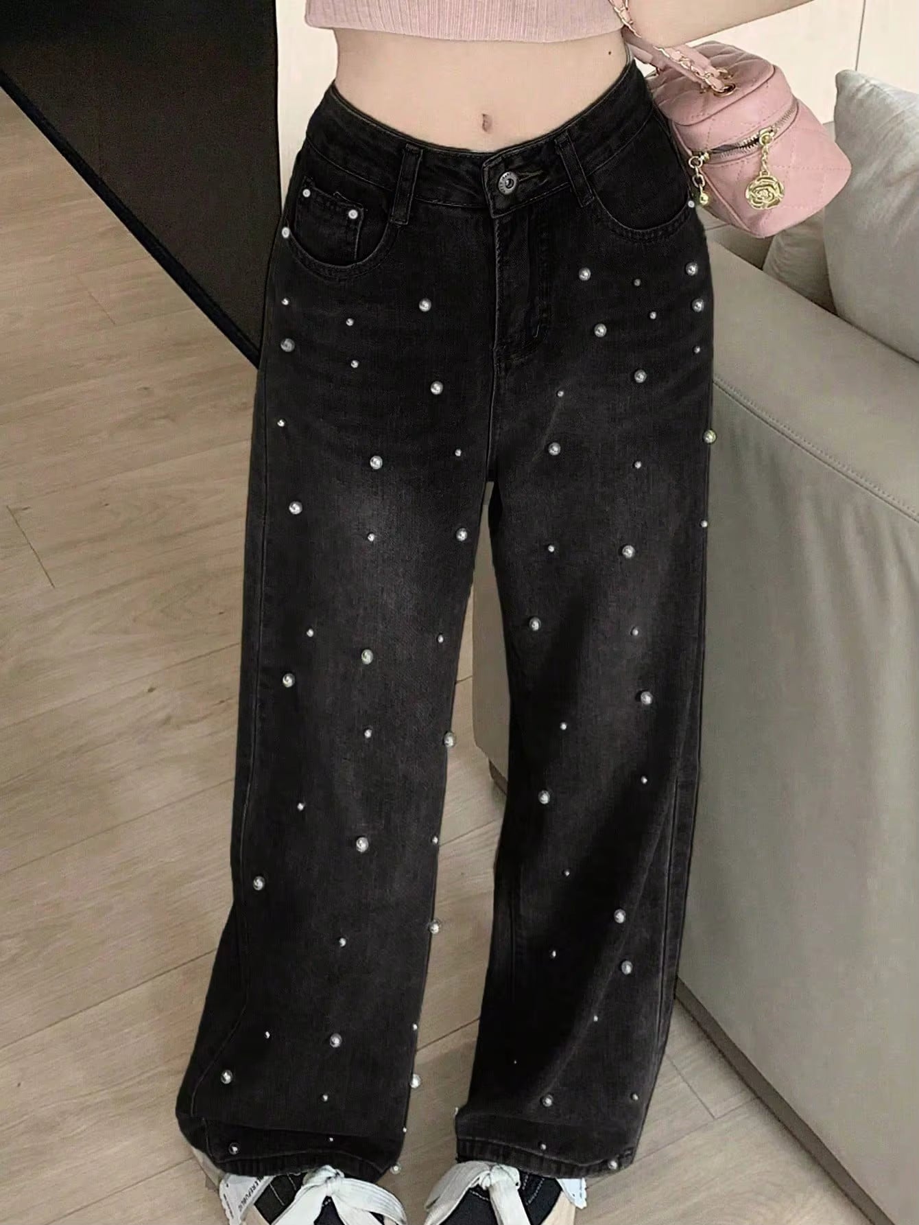 Y2K High-Waisted Pearl-Detail Wide-Leg Denim Pants PT14