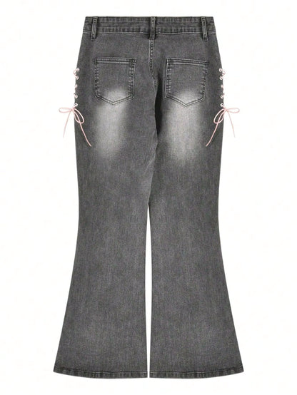 Y2K Low-Rise Tie-Side Flare Jeans – Raw Hem & Split Front PT10