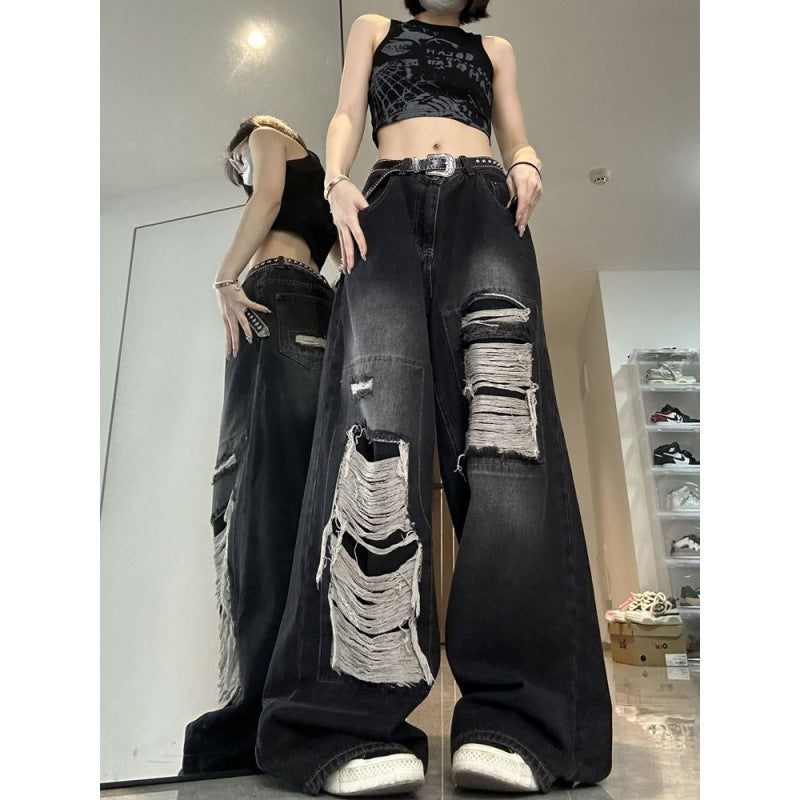 Low Rise Waist Vintage Korean Washed Ripped Y2k Streetwear Pants Women's Black Distressed Jeans PT11