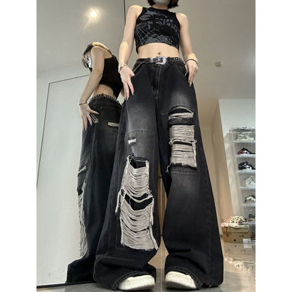 Low Rise Waist Vintage Korean Washed Ripped Y2k Streetwear Pants Women's Black Distressed Jeans PT11