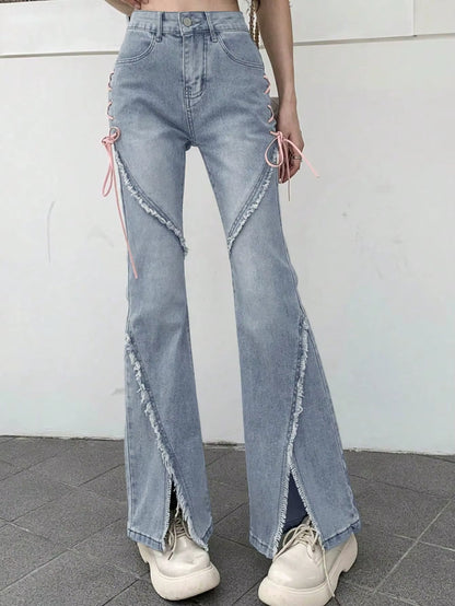 Y2K Low-Rise Tie-Side Flare Jeans – Raw Hem & Split Front PT10