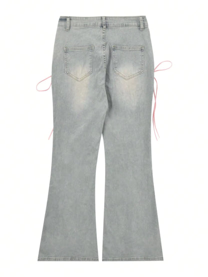 Y2K Low-Rise Tie-Side Flare Jeans – Raw Hem & Split Front PT10