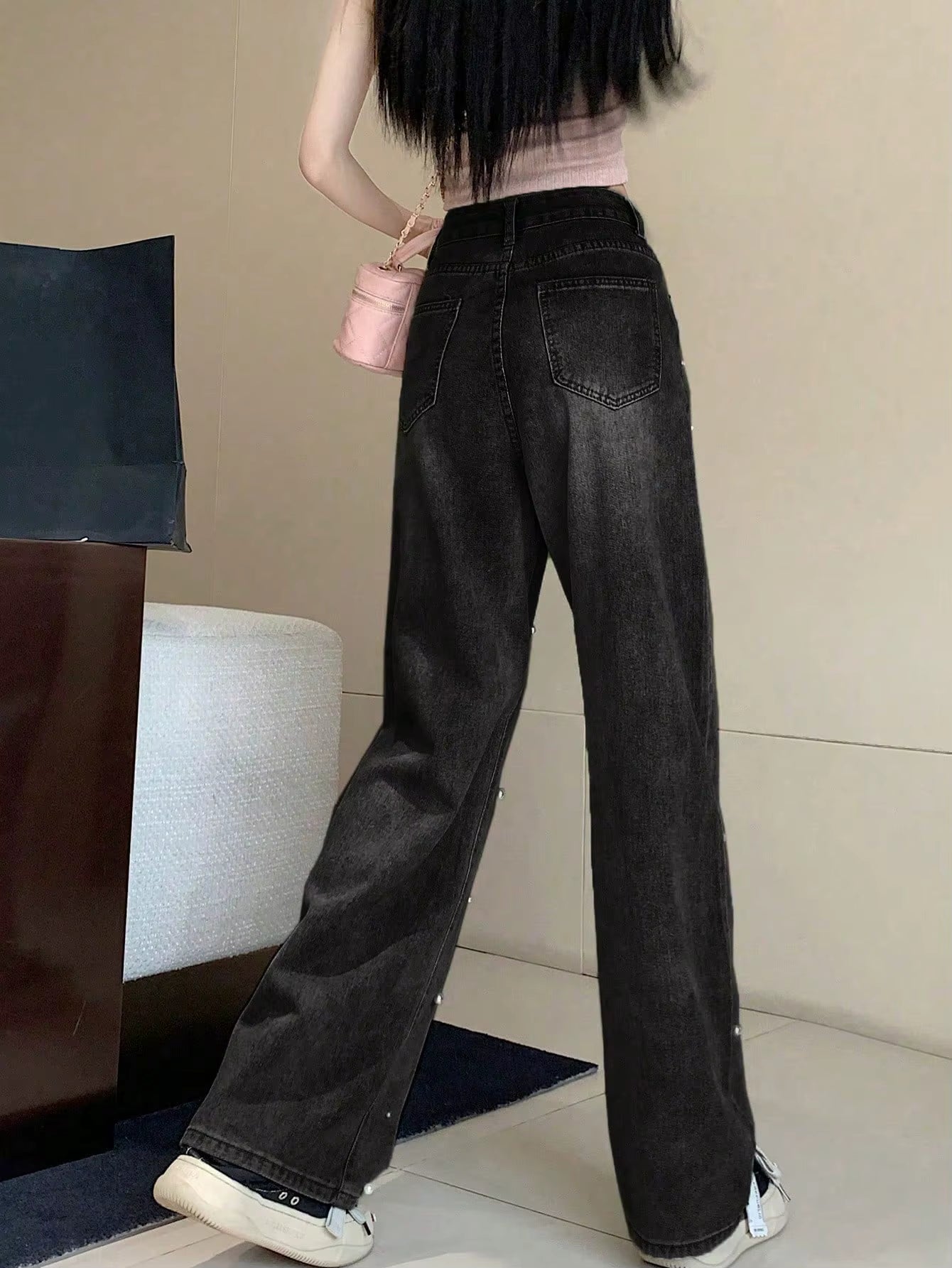 Y2K High-Waisted Pearl-Detail Wide-Leg Denim Pants PT14