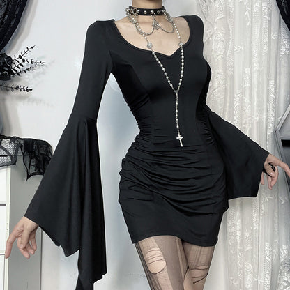 Gothic Batwing Sleeve V-Neck Long Black Dress