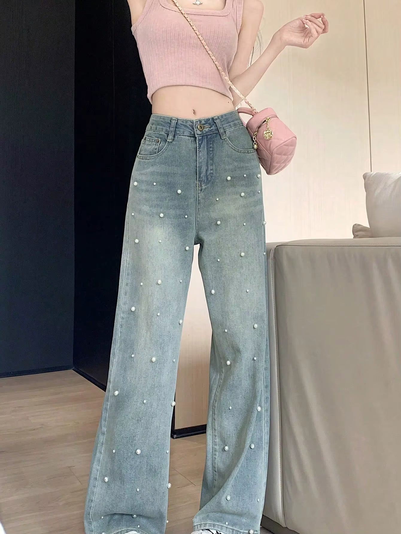 Y2K High-Waisted Pearl-Detail Wide-Leg Denim Pants PT14