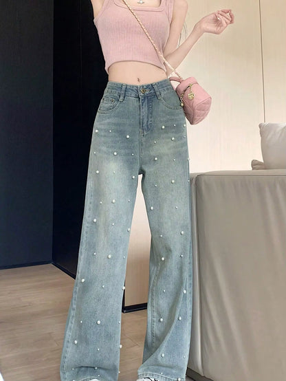 Y2K High-Waisted Pearl-Detail Wide-Leg Denim Pants PT14