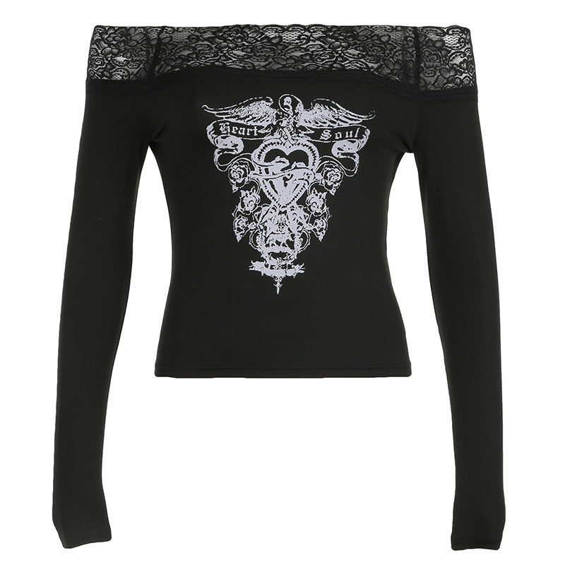Punk Style Printing Color Contrast Off-shoulder Long Sleeve Blouse BLS2