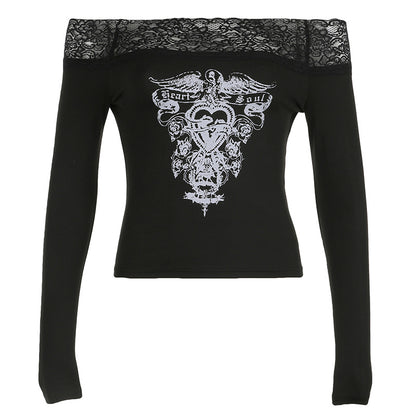 Punk Style Printing Color Contrast Off-shoulder Long Sleeve Blouse BLS2