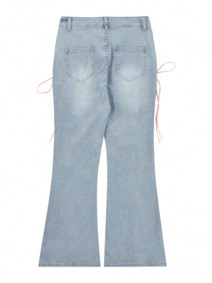Y2K Low-Rise Tie-Side Flare Jeans – Raw Hem & Split Front PT10