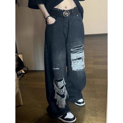 Low Rise Waist Vintage Korean Washed Ripped Y2k Streetwear Pants Women's Black Distressed Jeans PT11