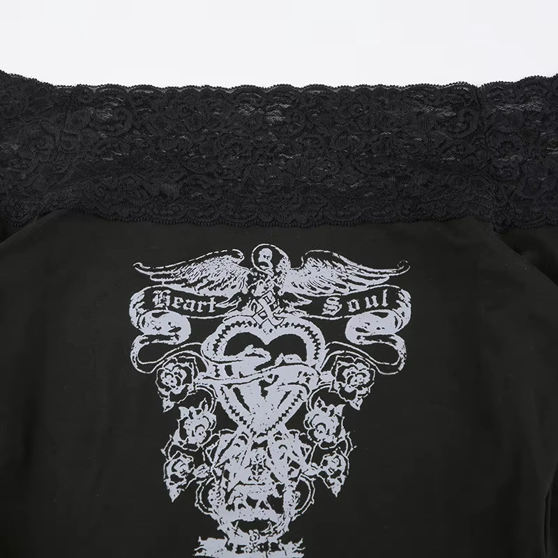 Punk Style Printing Color Contrast Off-shoulder Long Sleeve Blouse BLS2