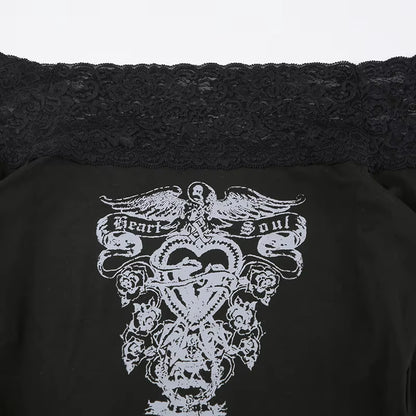Punk Style Printing Color Contrast Off-shoulder Long Sleeve Blouse BLS2