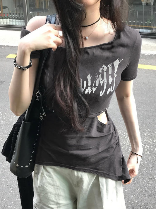 Summer Punk Irregular Round Neck T-Shirt – Women’s Letter Print Top TS1