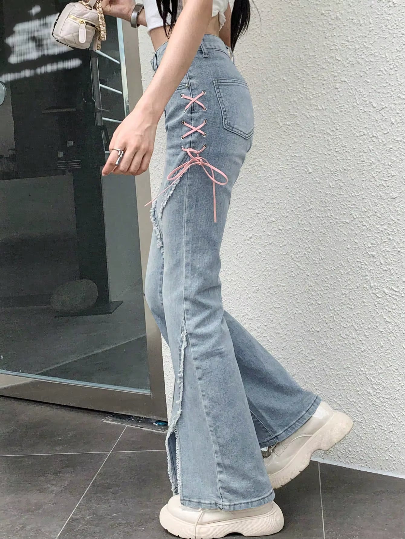 Y2K Low-Rise Tie-Side Flare Jeans – Raw Hem & Split Front PT10