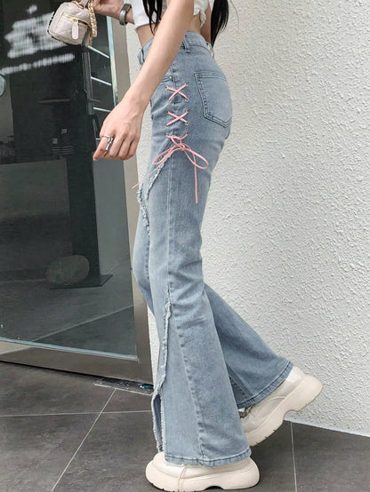 Y2K Low-Rise Tie-Side Flare Jeans – Raw Hem & Split Front PT10