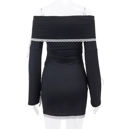 One-Shoulder Lace Patchwork Casual Dress DS10