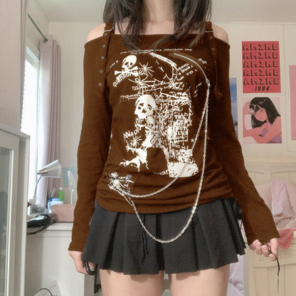 Spicy Girl Y2K Lace-Up Skull Crop Tee