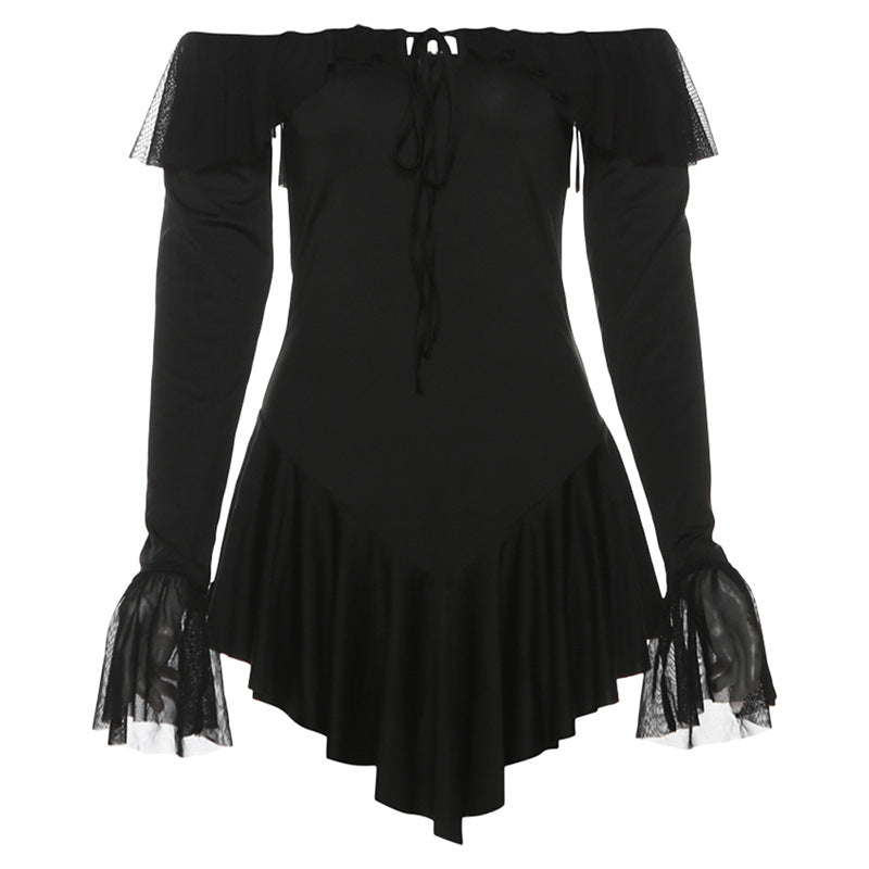Off-shoulder Backless Ruffles Solid Color Sheath Short Dress Women DS8