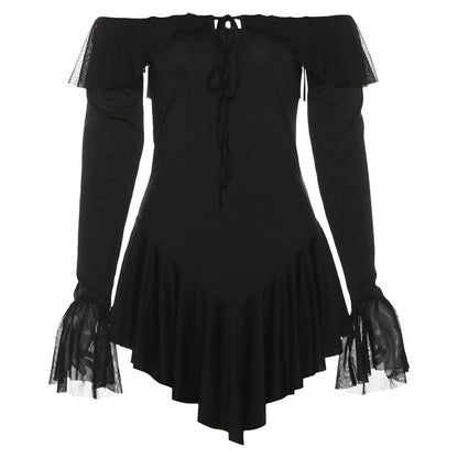 Off-shoulder Backless Ruffles Solid Color Sheath Short Dress Women DS8