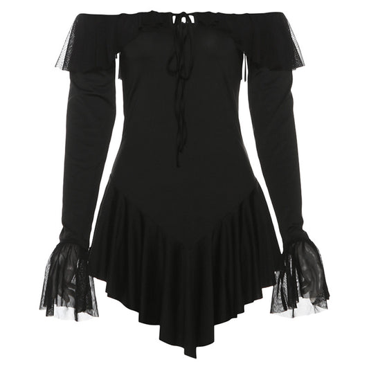 Off-shoulder Backless Ruffles Solid Color Sheath Short Dress Women DS8