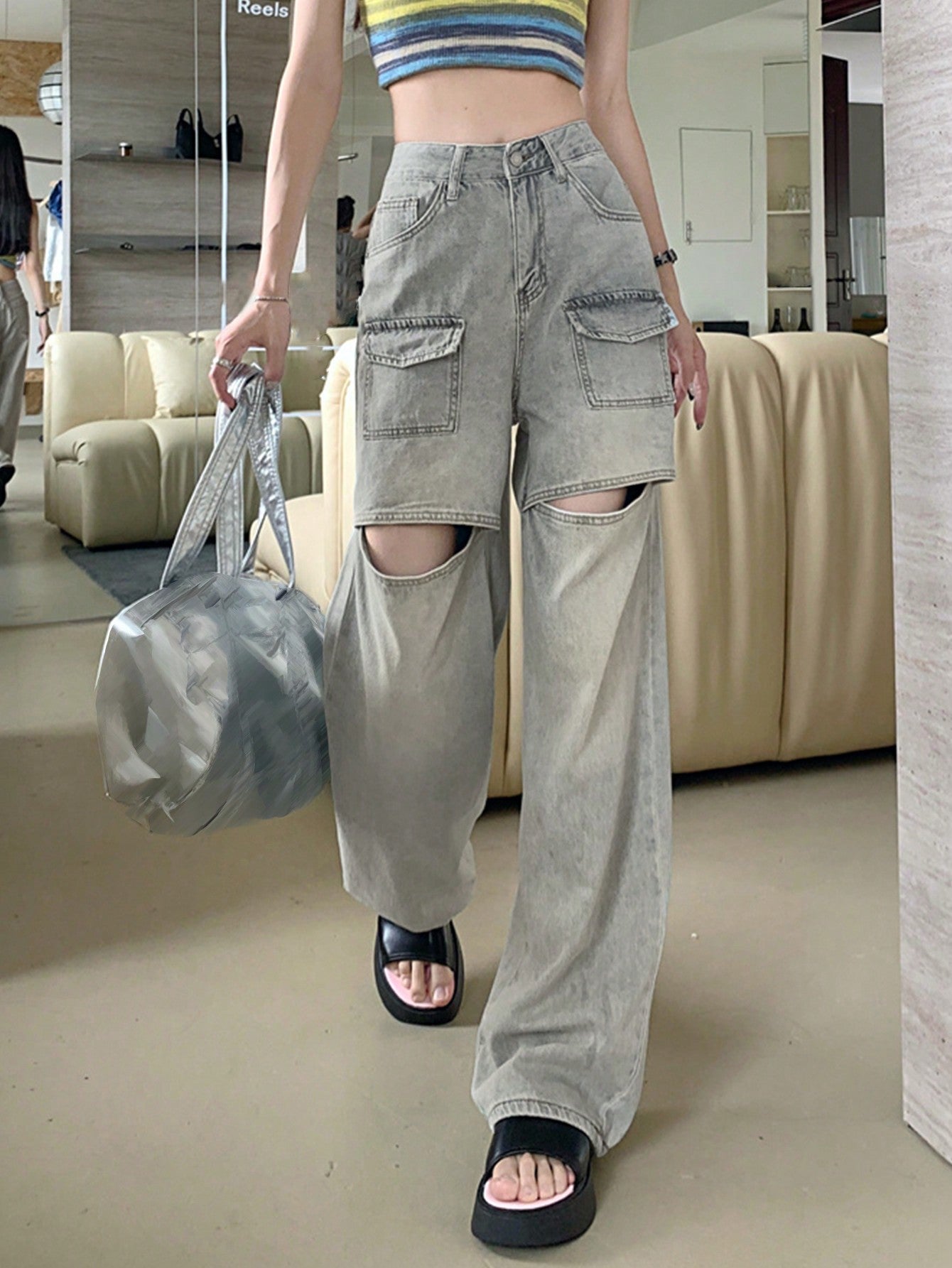 Y2K High-Waist Straight-Leg Hollow-Out Denim Pants for Women PT8