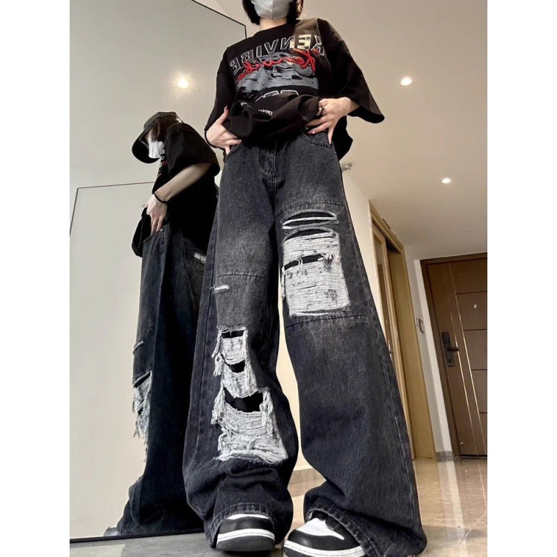 Low Rise Waist Vintage Korean Washed Ripped Y2k Streetwear Pants Women's Black Distressed Jeans PT11