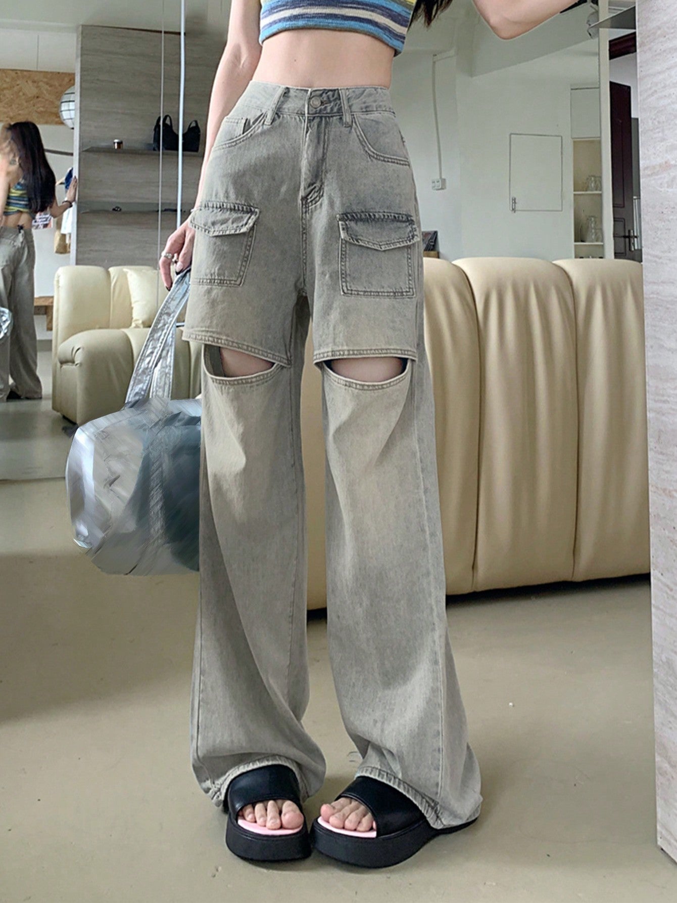 Y2K High-Waist Straight-Leg Hollow-Out Denim Pants for Women PT8
