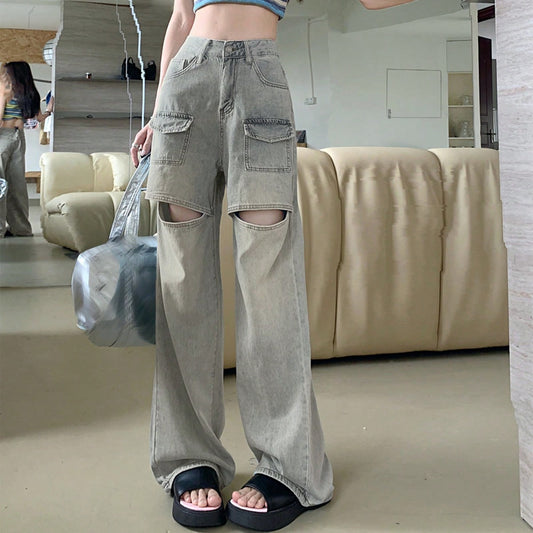 Y2K High-Waist Straight-Leg Hollow-Out Denim Pants for Women PT8