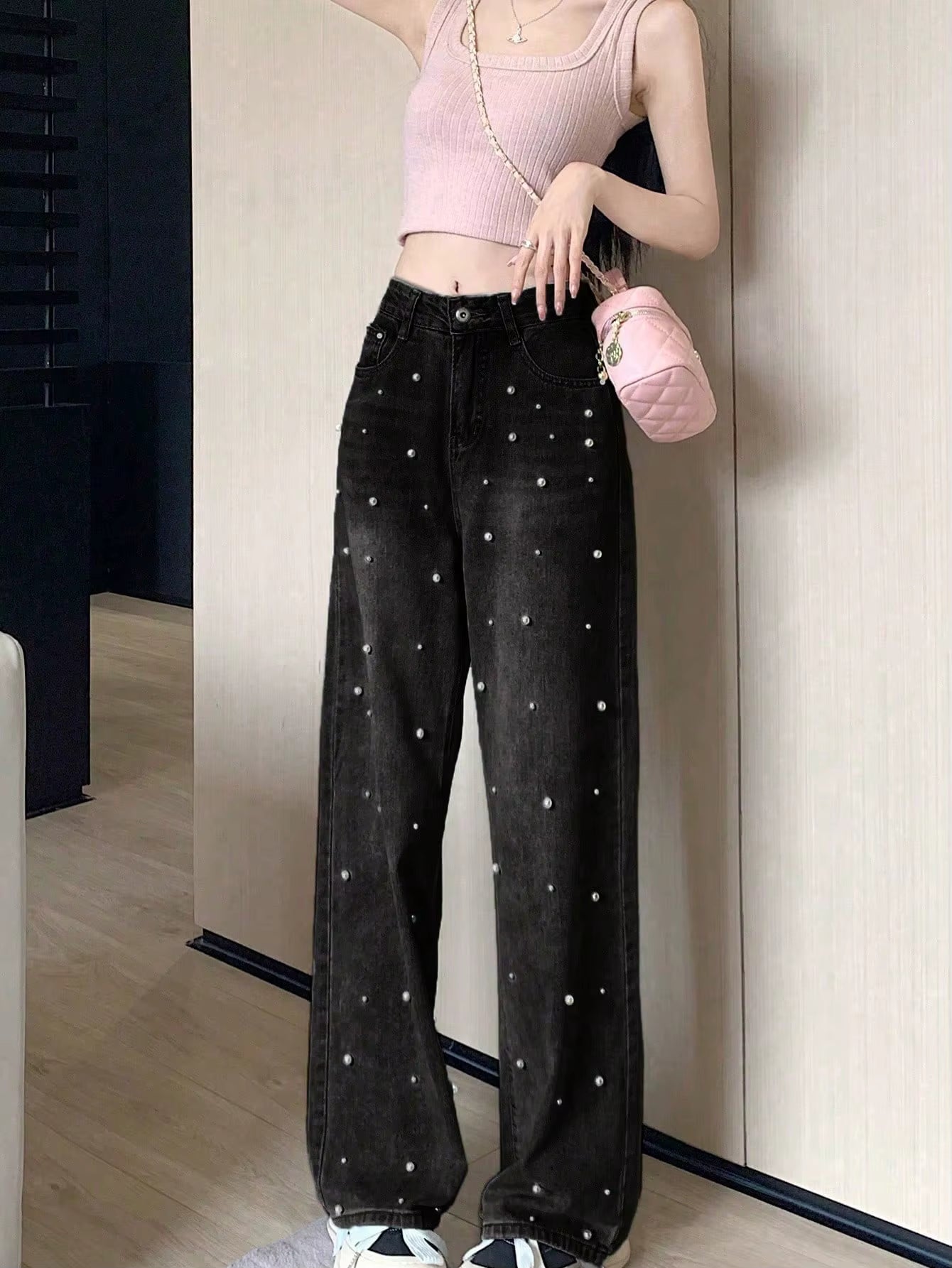 Y2K High-Waisted Pearl-Detail Wide-Leg Denim Pants PT14
