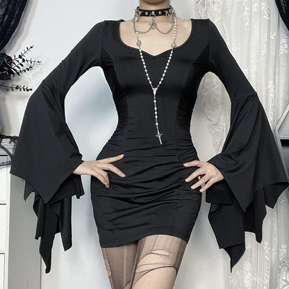 Gothic Batwing Sleeve V-Neck Long Black Dress