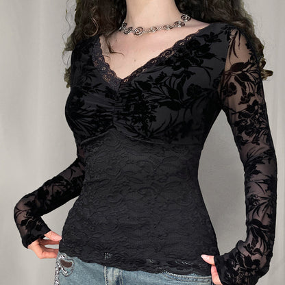 European Station Pure Desire Hot Girl Lace Patchwork V-Neck Top