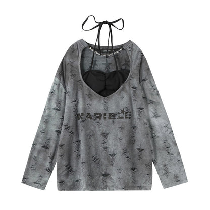 Lace-up Halterneck Long-sleeved Top