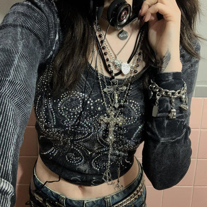 Women's Rhinestone Long-sleeved T-shirt Crop-top Short Top
