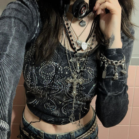 Women's Rhinestone Long-sleeved T-shirt Crop-top Short Top