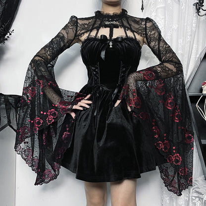 Dark Goth Style Embossed Slightly Transparent Slim Lace Smock Top
