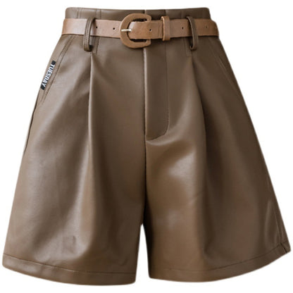 New High Waist Wide Leg A-line PU Outer Wear With Belt Leather Shorts For Women