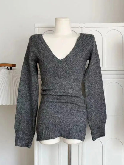 Retro V-neck Gray Long Sleeves Sweater