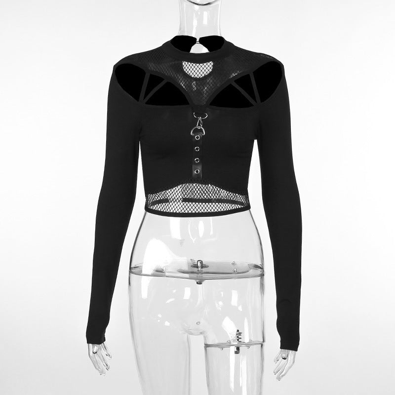 Dark Casual Temperament Wild Slim-fit Mesh Long-sleeved Top For Women