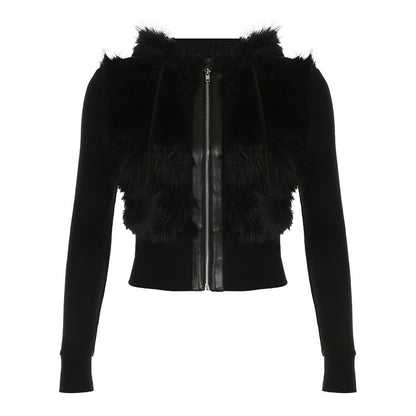 Dark Style Fashion Furry Sunken Stripe Stitching Hooded Coat For Women