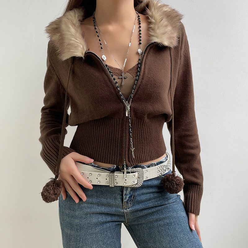 Winter Double Zip Fur Ball Drawstring Warm Jacket