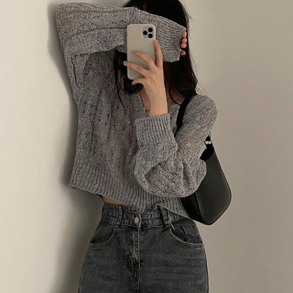 Retro V-neck Thin Cropped Pullover Sweater