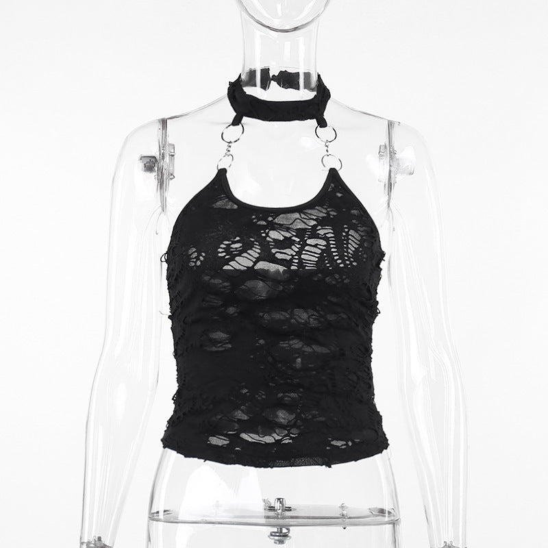 Dark Style Ripped Cool Fabric Halter Top Women