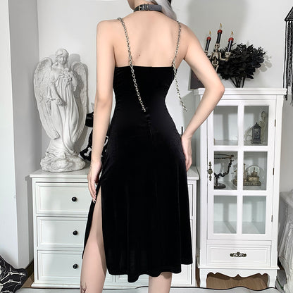 Korean Velvet Fabric Dark Sexy High-waisted Slit Dress For Women With Breasts